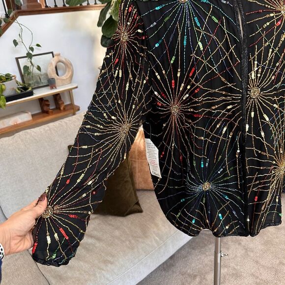 Vintage Laurence Kazar Silk Beaded Cardigan 2X Firework Colorful Evening NEW - Picture 5 of 16